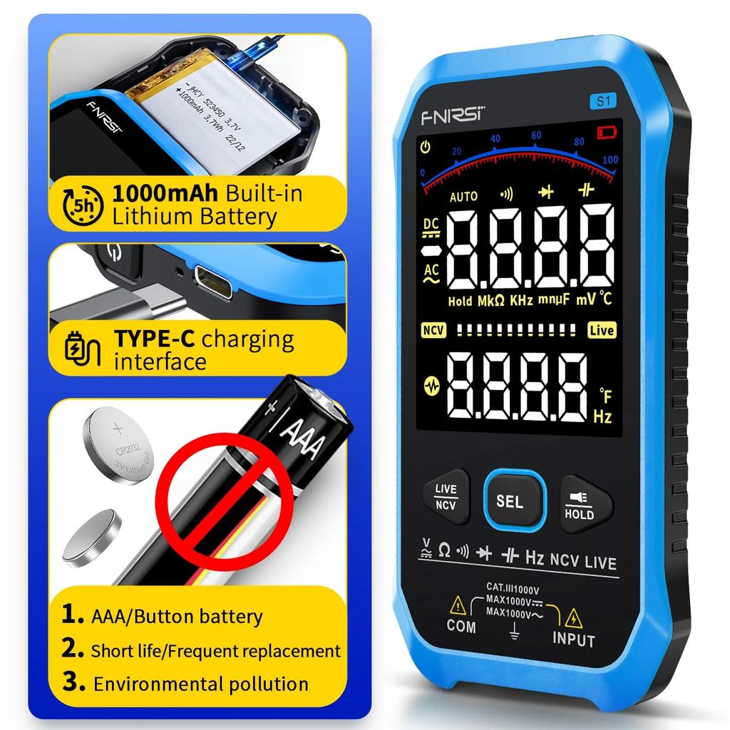 Fnirsi Smart Multimeter Fnirsi S1 Smart Digital Multimeter 9999counts AC DC Voltage Resistance Capacitance Diode NCV Hz Live Wire Color Display Tester