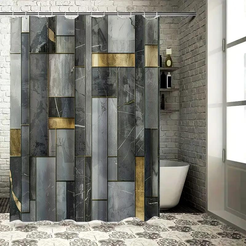 Modern Marble Pattern Shower Curtain with Brass Accents Perfect for Bathroom Decor