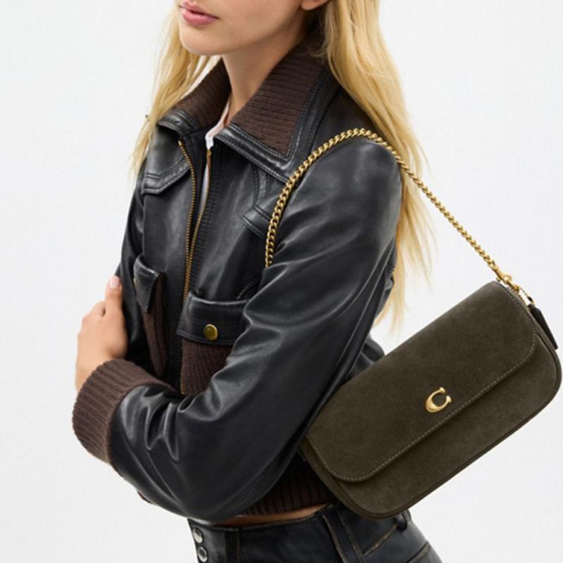 Coach Brook 23 Suede Underarm Bag Baguette Crossbody Bag Leather Medium Women bags Brass Olive-Green CCD07-B4OL