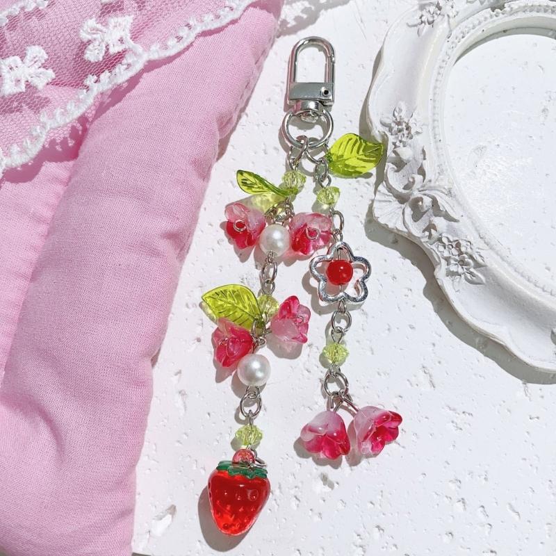 Cute Strawberry Flower Accessory Keychain Multi Purpose Decoration Vintage Acrylic Keyring Accessory For Personal Items
