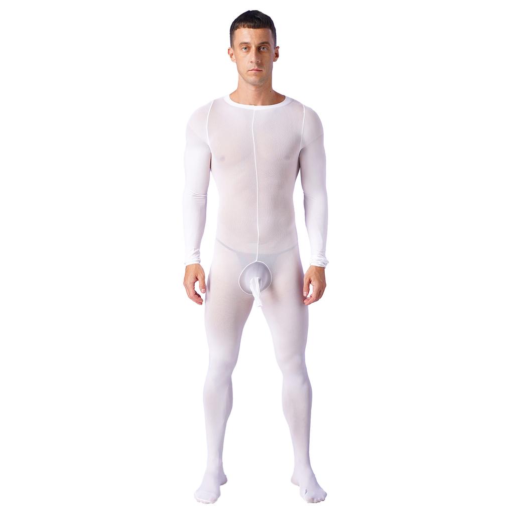 Mens Solid Color Bodystocking Long Sleeve Stretchy Bodysuit with Bulge Pouch Nightwear Underwear