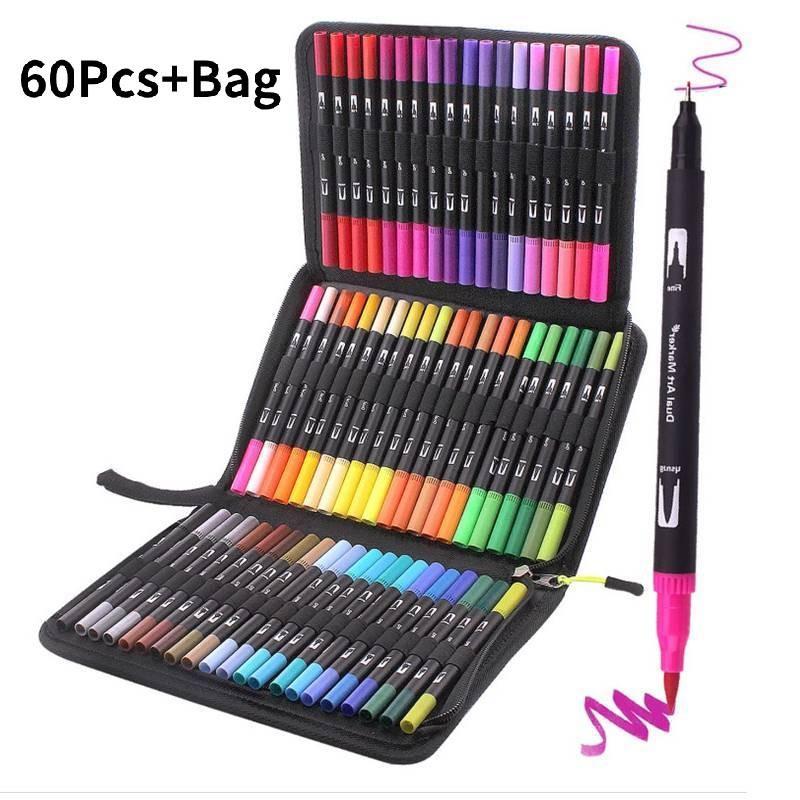 

Двусторонние фломастеры с кисточкой, 60 цветов, тонкий линер, фетровые ручки, футляр, товары для взрослых и детей чёрный