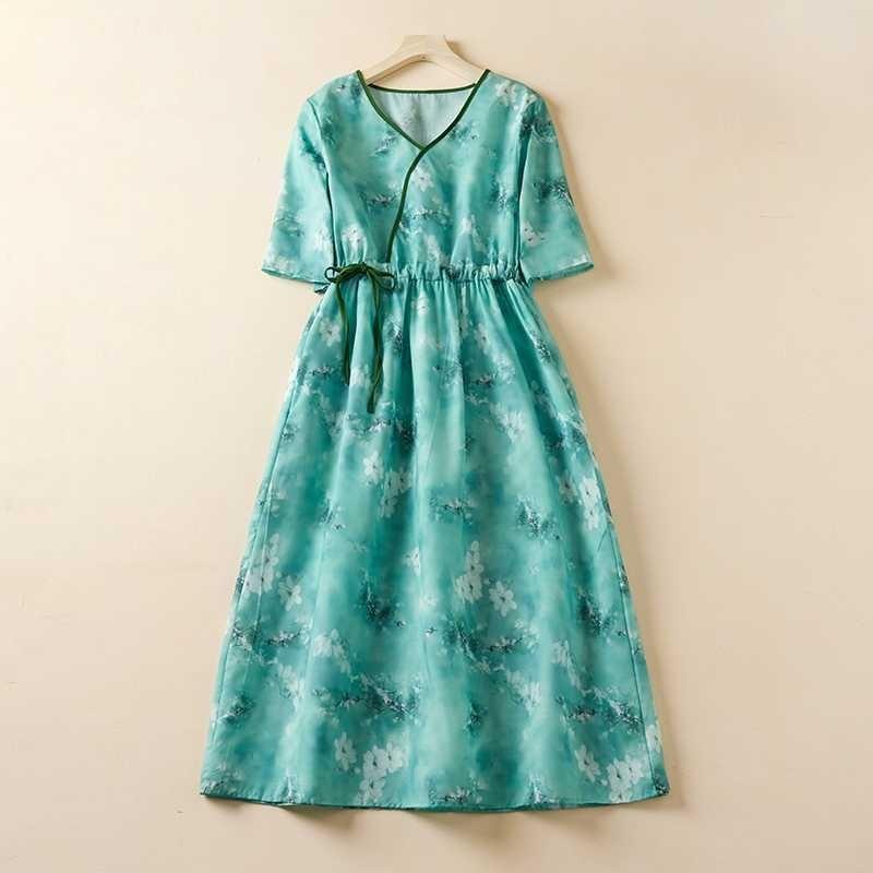 Spot Summer V-neck High-end Ramie Original Women's Clothing Waist Thin Dress Thin Retro Cotton and Linen Skirt