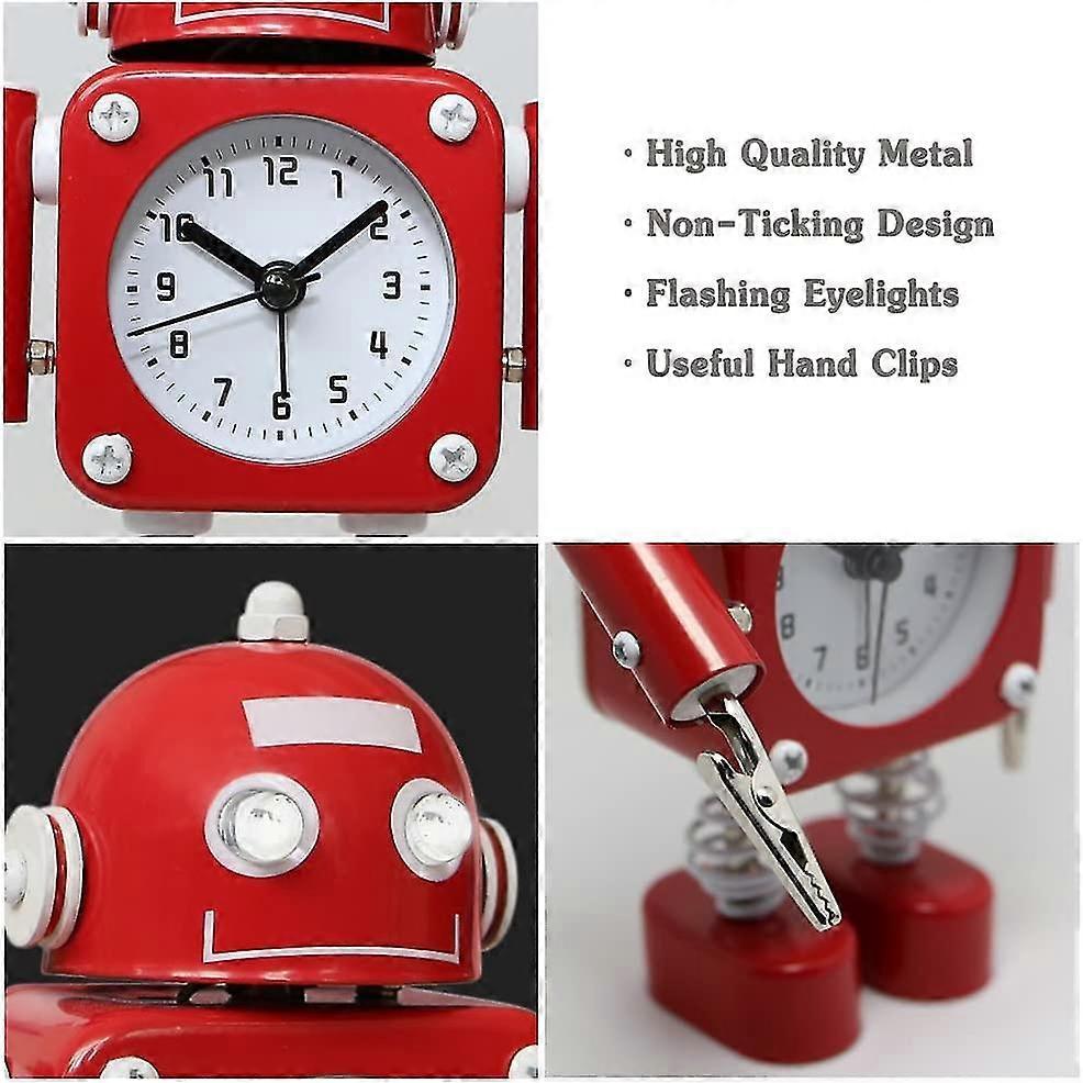 Sveglia Robot Non Ticchettante Metallo Inossidabile - Sveglia con Occhi Luminosi Lampeggianti e Clip per Mano (Rosso rubino)
