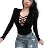 Women's Spring V-Neck Tie-Up Hollow Out Slim Fit Long Sleeve Crop Top