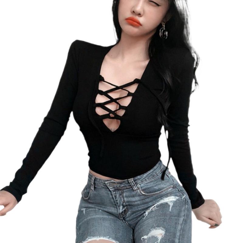 Women's Spring V-Neck Tie-Up Hollow Out Slim Fit Long Sleeve Crop Top