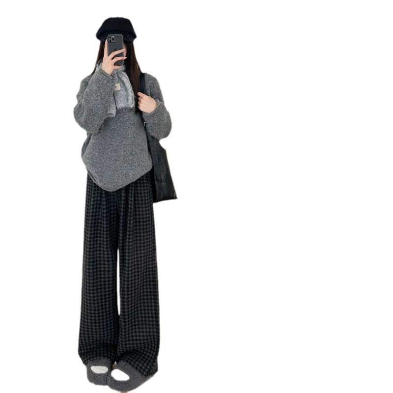 150 Korean-Style Fluffy Plaid Pants for Petite Women - Autumn/Winter High-Waist, Floor-Length, Casual Drape