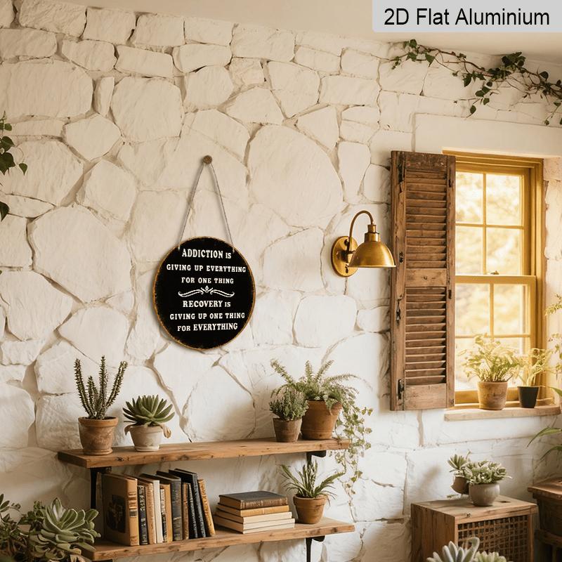 2D Flat, 1pc 7.87*7.87 Inch Round French Aluminum Sign, Vintage Decorative Plaque about "Addiction And Recovery", "Motivational Proverb" Decorative