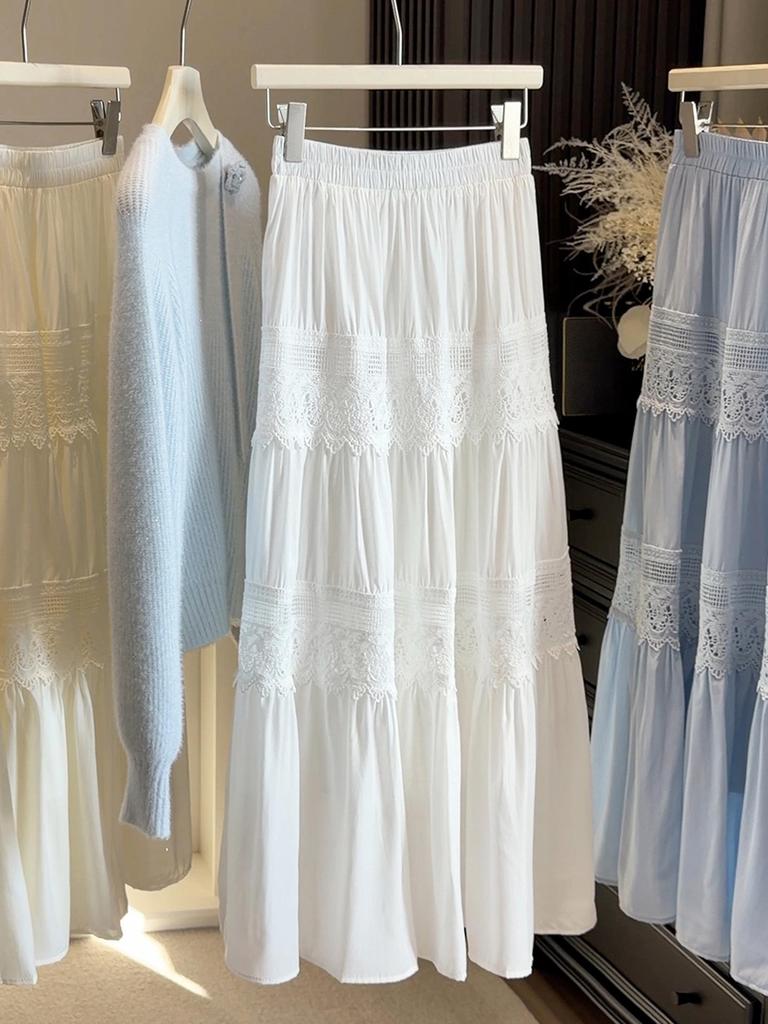 French Chic Lace Spliced A-Line High-Waisted Skirt - Women's Early Spring Slim Fit