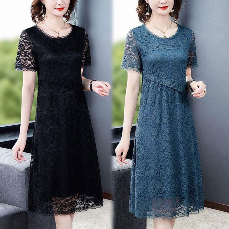 Vintage Lace Hollow Out Midi Dress Summer A-Line Waist Short Sleeve Women's Clothing Casual Round Neck Fashion Spliced Dresses