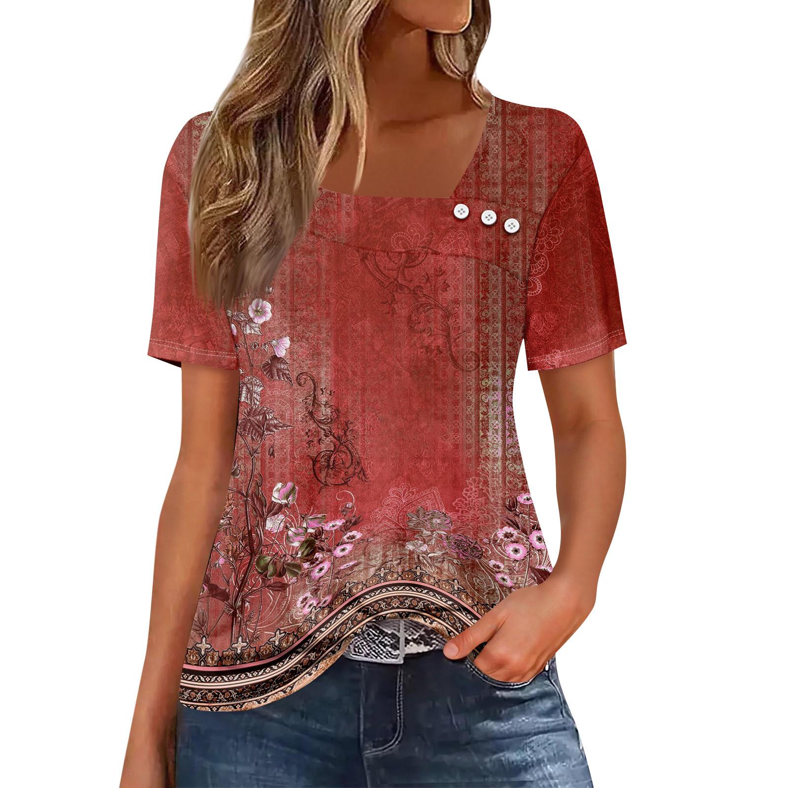 

Жіноча повсякденна футболка з асиметричним вирізом і короткими рукавами з принтом і декоративними ґудзиками XL винний