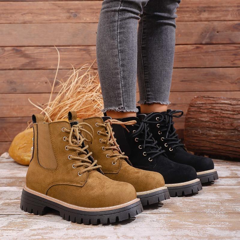 Round Toe Lace-up Muffin Suede Plus Size Booties 2025 Winter Thick Heel British Style Martin Boots for Women