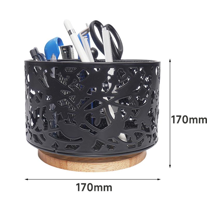 

Nordic style creative hollow metal pen holder, metal round black wrought iron hollow office desktop storage bucket Bird lace pen holder (with bamboo base) чёрный