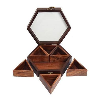 Handcrafted Sheesham Wood Spice Box with 6 Removable Containers Chocolate Box