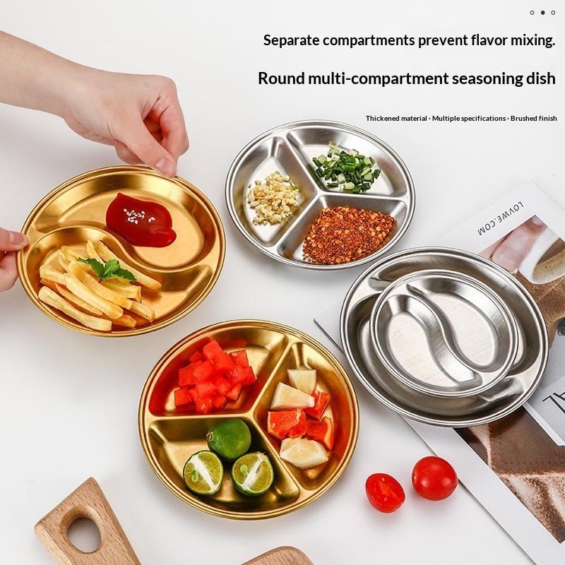 Stainless Steel Circular Divided Plate Sauce Dish Food Sauce Dish For Roast Meat Dipping Household Seasoning Snack Plate Kitchen