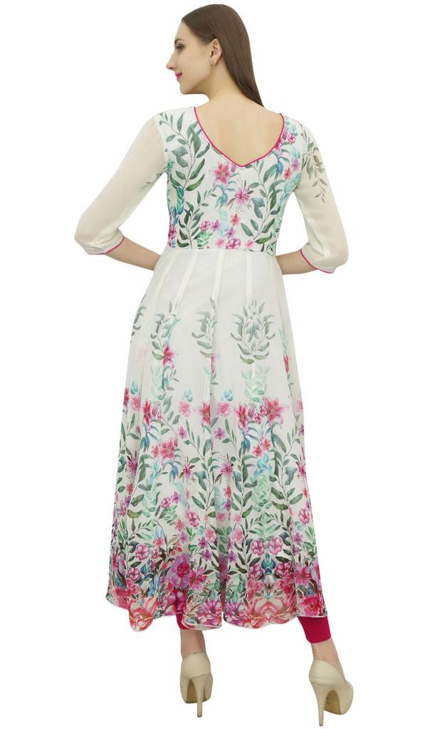 Bimba Women's Floral Print White Anarkali Flared Classic Blouse Kurti