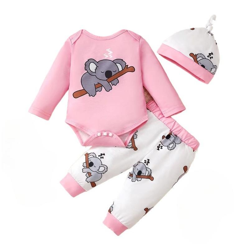 Newborn Baby Girl Clothing set Cute Koala Long Sleeve Top+ Pants+Hat 3PCS Outfits for 1-18 Months Infant Girl Spring&Autumn Wear 1-3M розовый/белый