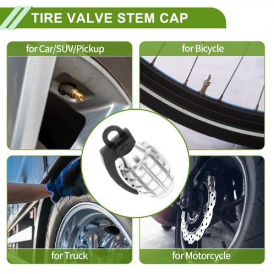 Tire Valve Stem Cap Grenade Shape Tyre Valve Dust Cover Silver Tone for Car 4Pcs