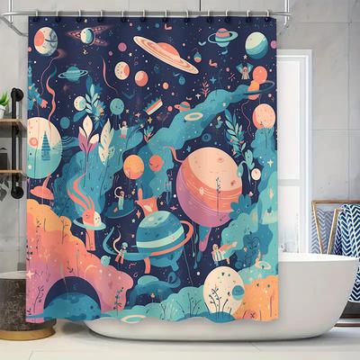 Space-themed Shower Curtain Set Featuring Vibrant Planets and Galaxies Perfect for a Modern Bathroom Decor Upgrade!