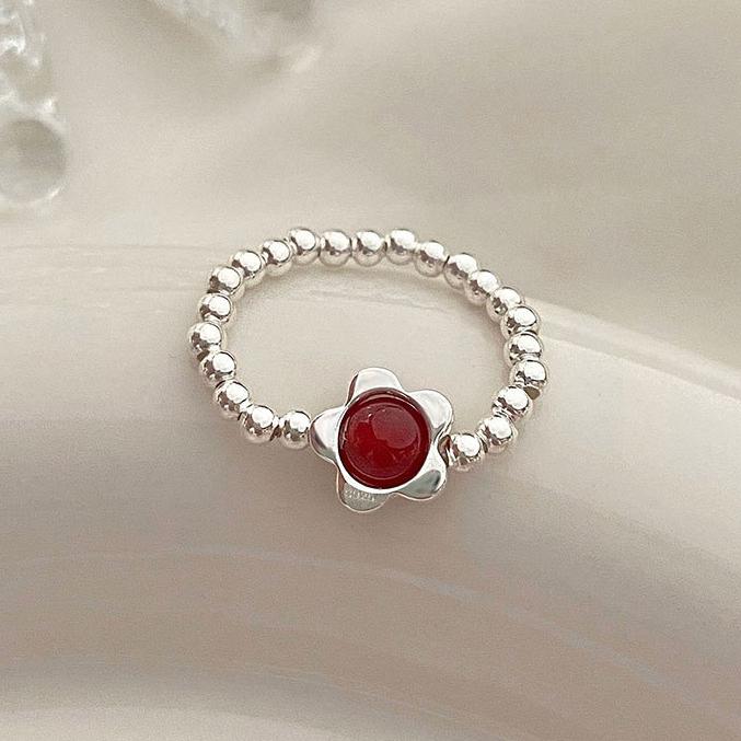 PONYKISS Sterling Silver Agate Flower Bell Bead Elastic Rope Rings for Women Cute Fine Minimalist Accessories