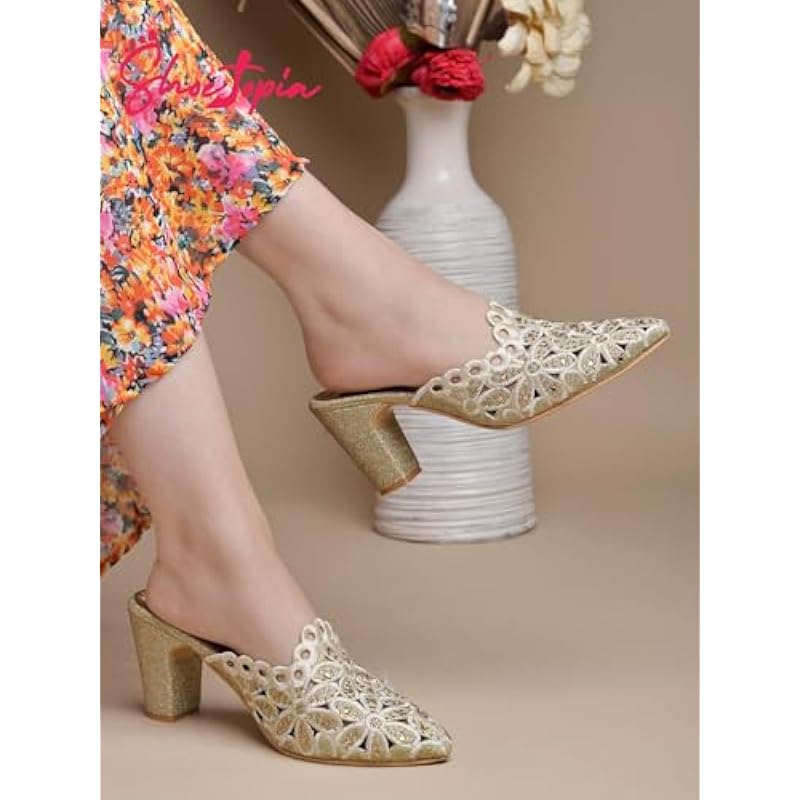 

Shoetopia Women S Golden Embroidered Block Heel Mules Ethnic Slip-On Sandals With Glitter Finish And Cutwork Detailing 3 UK золотий