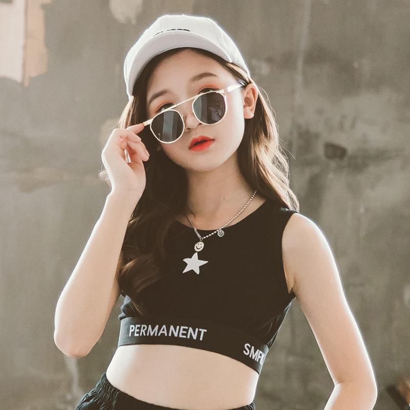 Dívčí černý crop top na jazzový tanec s vysokým pasem