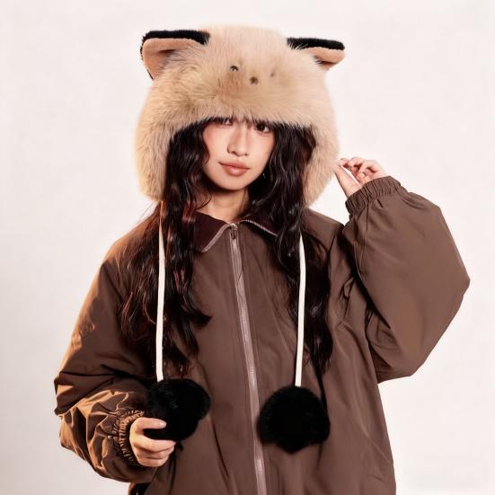 Women Hat Knitted Windproof Warm Winter Lei Feng Hat Cartoon Cat Shape Elastic Solid Color Thermal Cap