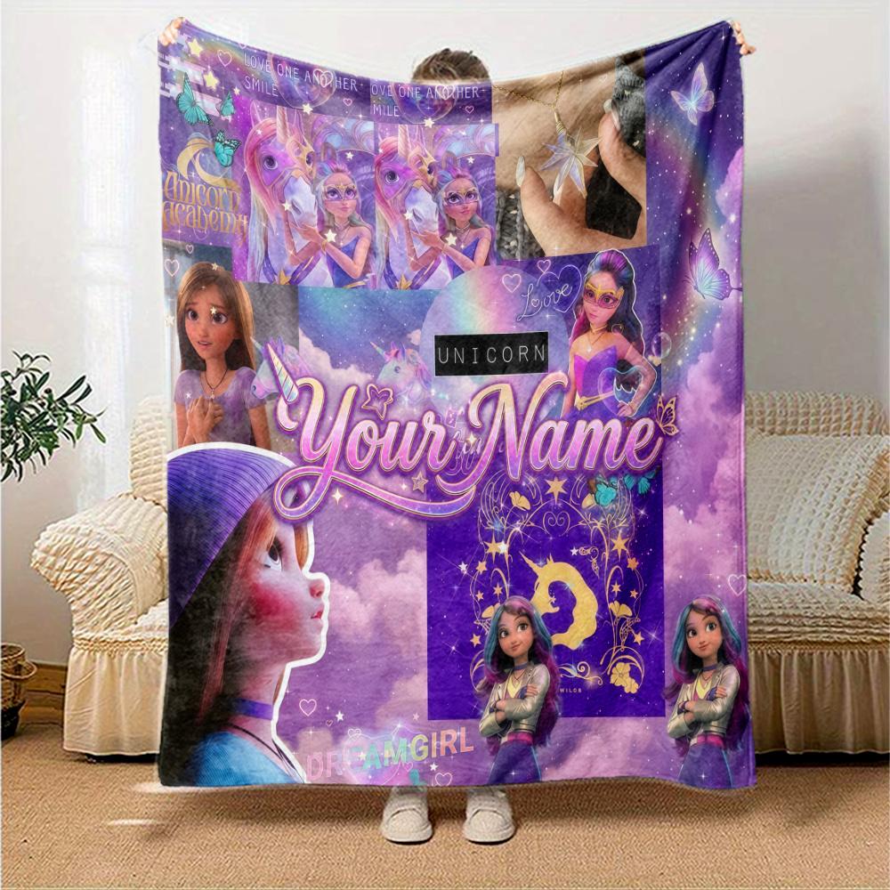 1PC Unicorn Academy Custom Name Patterned Flannel Blanket Suitable For All Seasons For Home Decor Warmth And Comfort Gifts Holiday Present