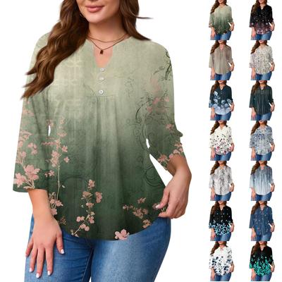 Women's Plus Size Fashionable Casual Loose Fit Three Quarter Sleeve Elegant Button Up V Neck Top