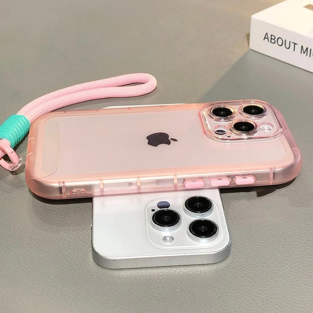 Transparent Hand Wrist Strap Soft Case for iPhone 16 15 14 Pro Max Plus 13 12 11 With Lanyard Candy Color Clear Silicone Cover
