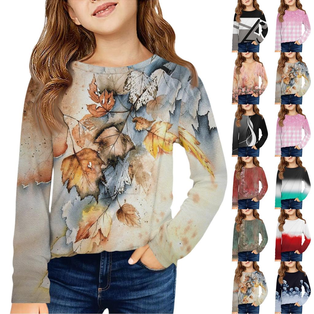 Girls' Long Sleeve Tee - Pleated Round Neck Casual Top