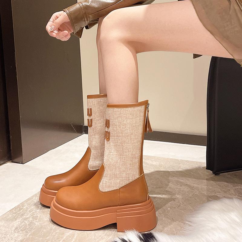 Thick-soled letter boots women's 2024 new western cowboy vacation style heightened and thin medium tube knight boots Martin boots