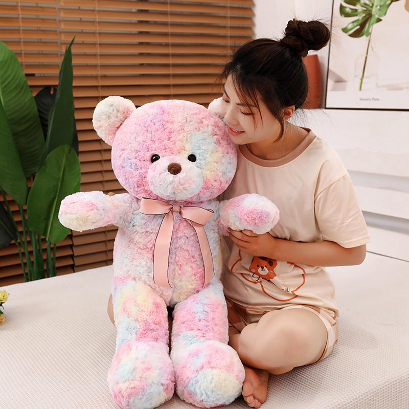 Adorable Tie-dye Teddy Bear Plush Toy With Rainbow Ribbon Soft And Cuddly 100cm