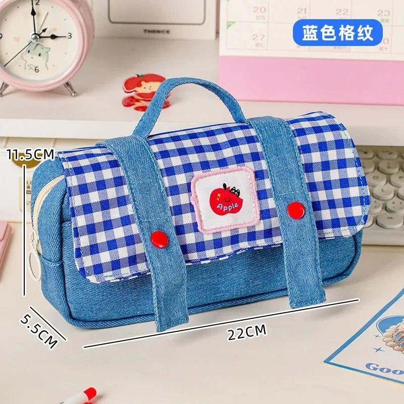 High Quality Corduroy Pencil Case Student Stationery Bag High Aesthetic Value Handheld Denim Fabric Art School Supplies синий