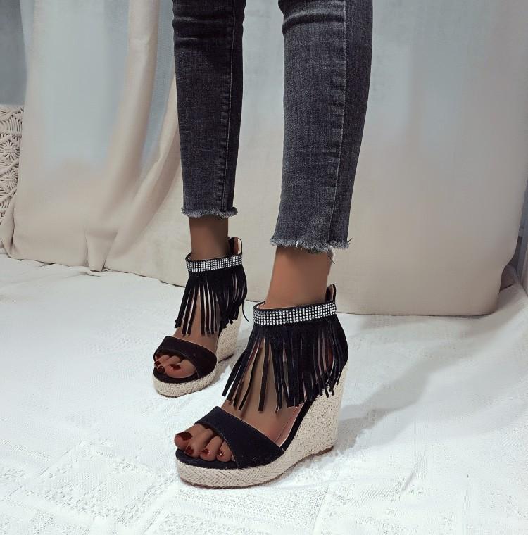 European and American Foreign Trade Sexy Rhinestone Fringed Fashion Slope Heel Sandals Women's Thin Heel Hollow Roman Shoes Large Size Women's Shoes