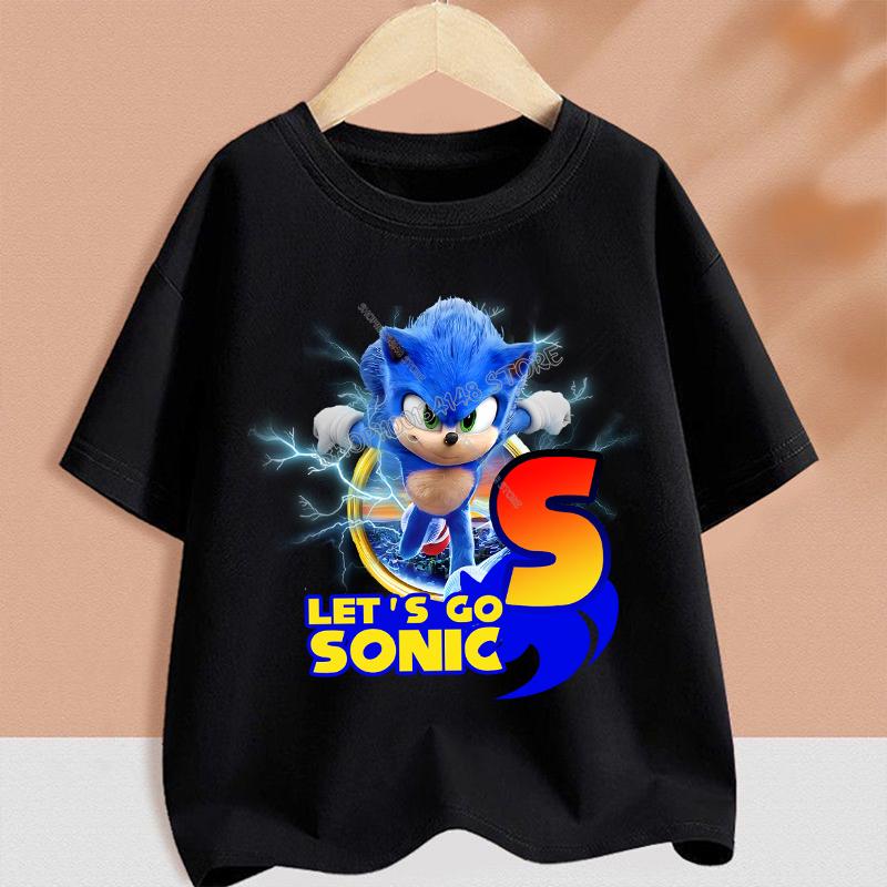 Sonics T-shirt for Children Cartoon A-Z Letter Tee Top Round Collar Clothing Summer Short Sleeve Kids Anime Partern Clothes Gift