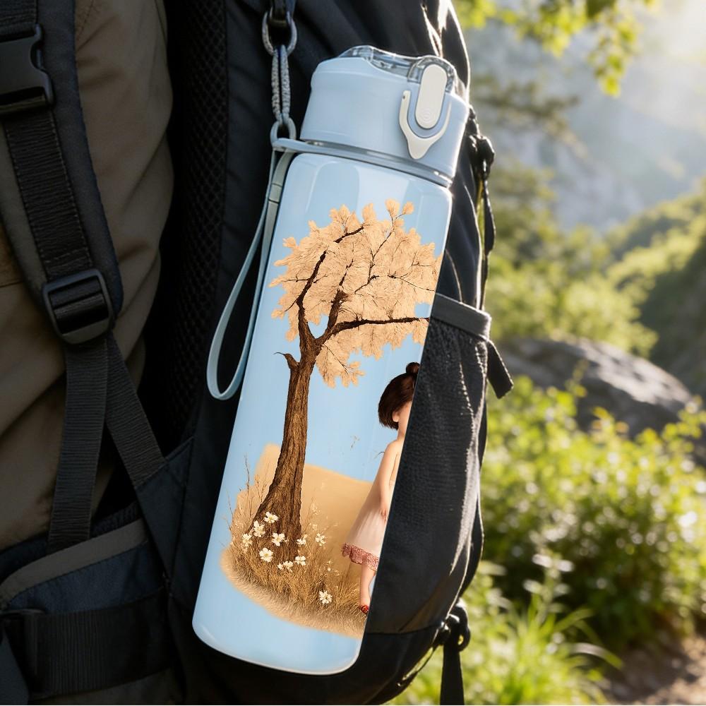 1PC Little Girl Under Big Tree Scene Print 750ml Color Plastic Sports Water Bottle Leakproof Flip Straw Lid Suitable for Sports Office Home Use