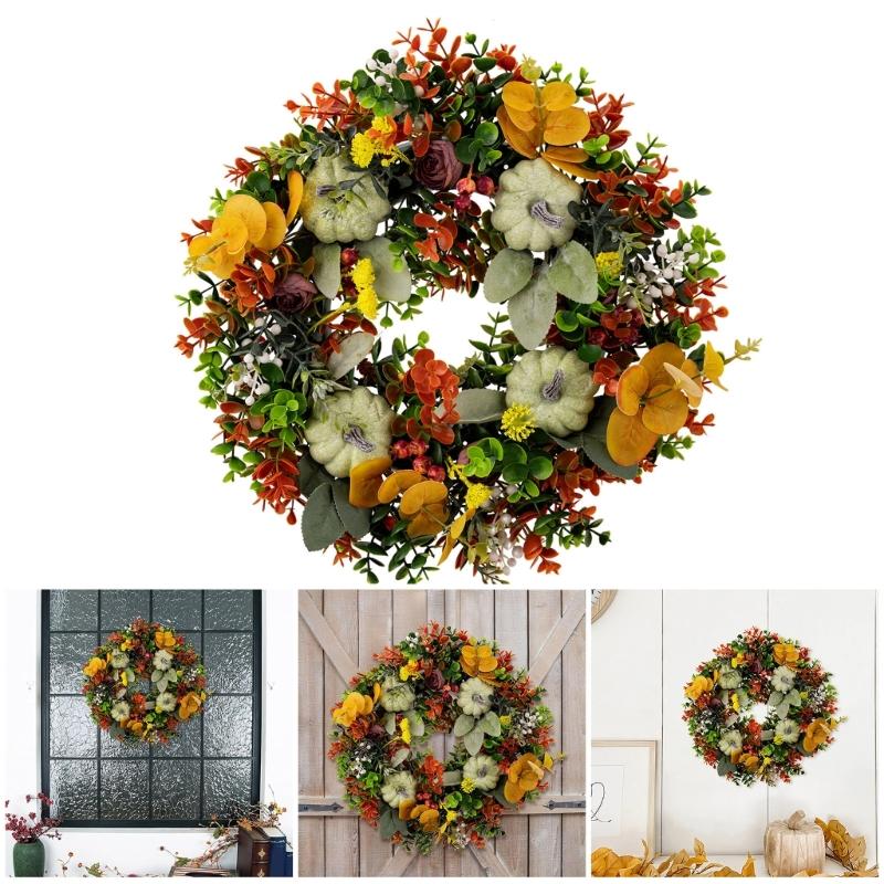Harvest Festivals Faux Pumpkin Wreath Elegant Fall Flower Wreath Artificial Flower Decoration for Wall or Window