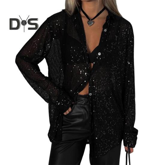 

Женская рубашка с пайетками на пуговицах, с длинным рукавом и лацканами, блестящая блузка, женская повседневная свободная посадка для работы, отдыха и повседневной носки L чёрный