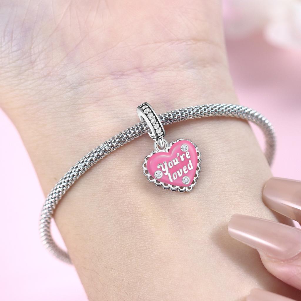 Copper Exquisite Pink Heart-Shaped Pendants Bracelet Charms Fit Women Jewelry Party Beads Diy Fine Gift Accessories