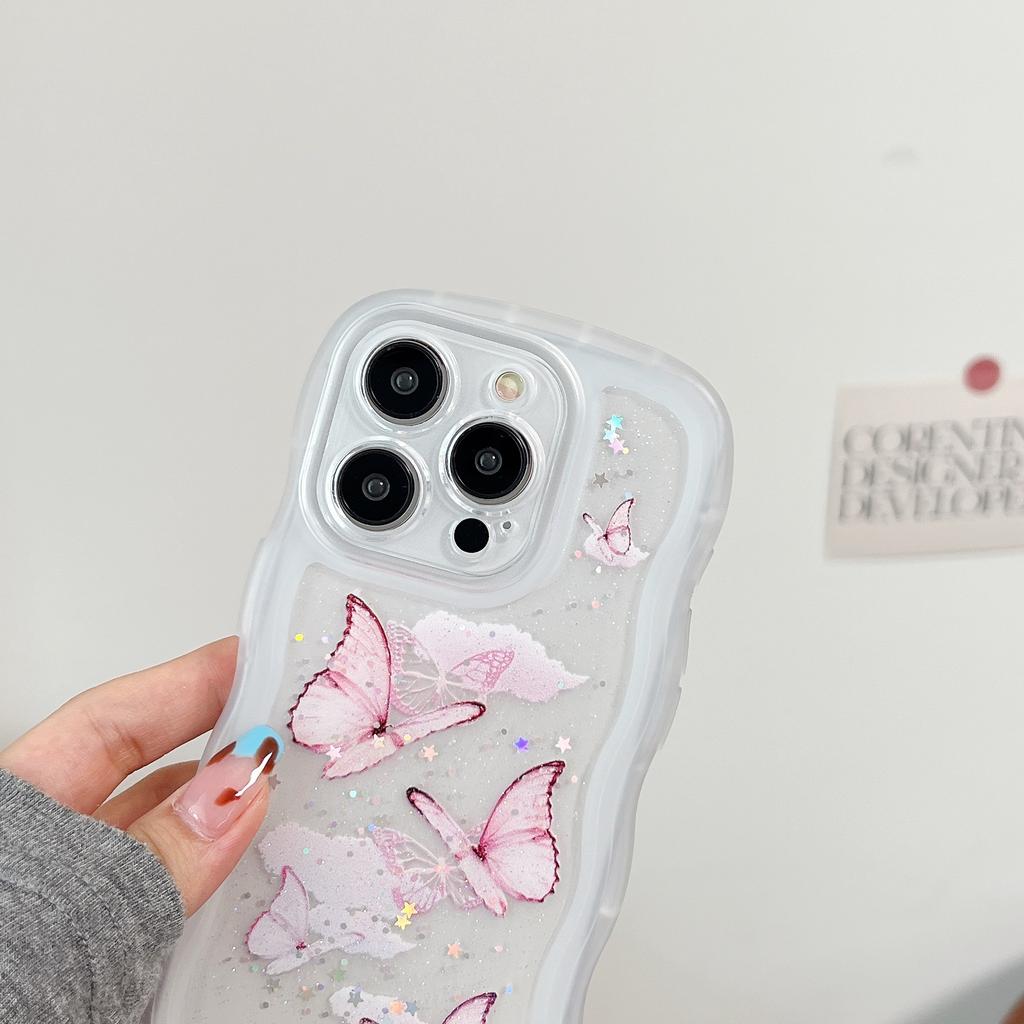 Glitter Stars Butterfly Clear Phone Case for iPhone 16E 11 12 13 14 15 16 Pro Max Soft TPU Wave Edges Shockproof Cover Shell