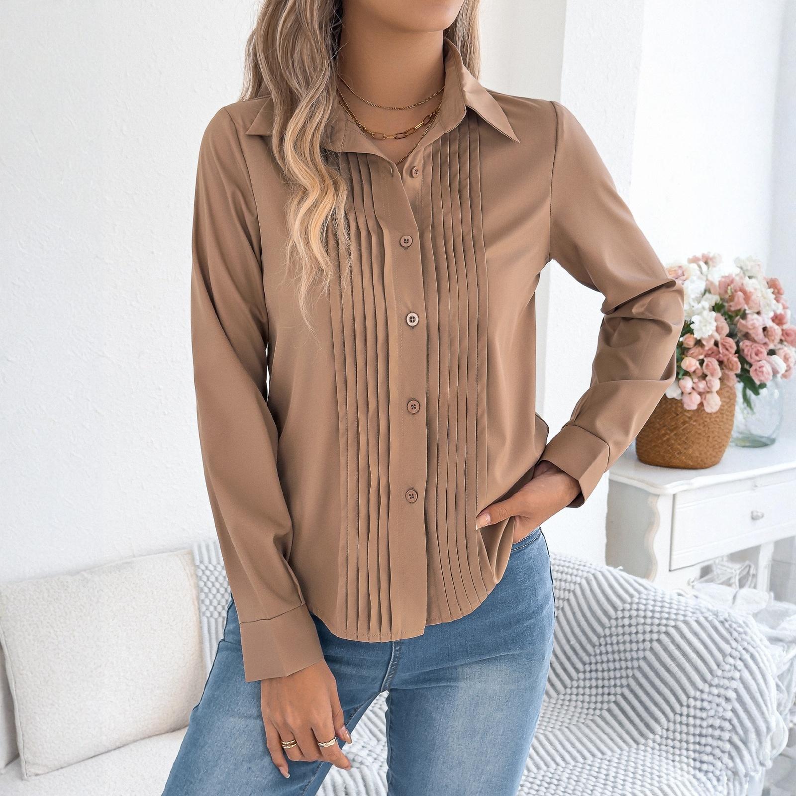 

Women s Pleated Color Button-down Long-sleeved Shirt/blouse XL хаки