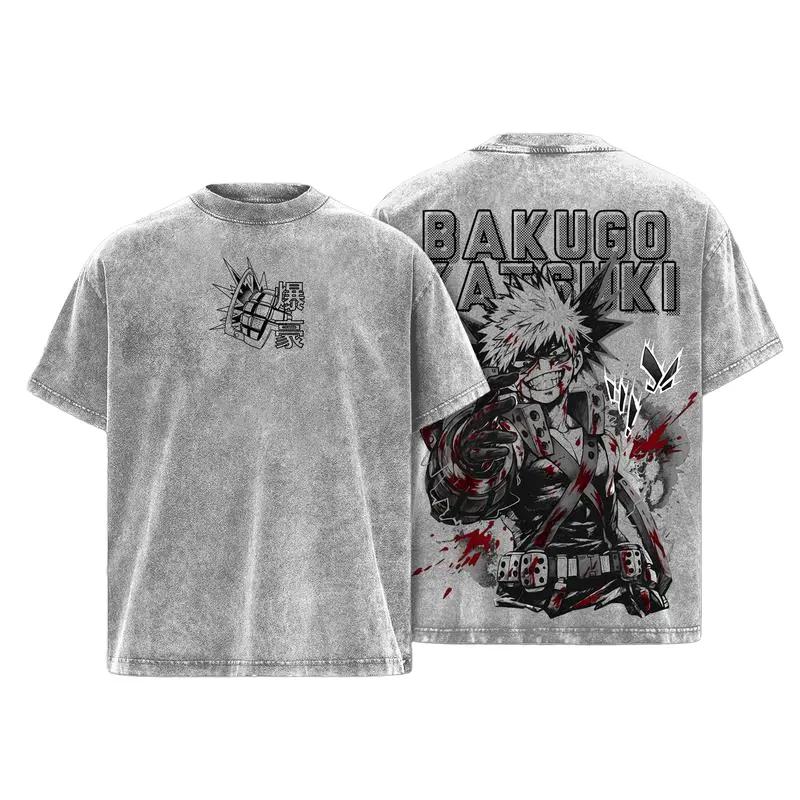 My Hero Academia Bakugou Katsuki T-shirt Men Women Clothing Vintage Washed Oversized T shirt High Quality Cotton Tees Tops XXL серый