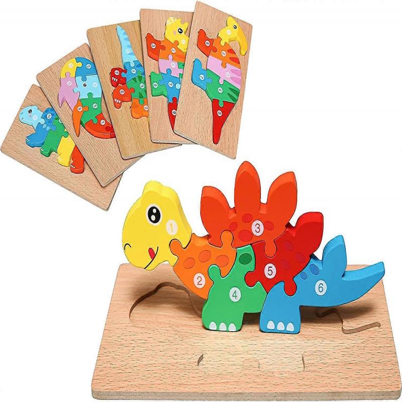 6 Pack Animals Wooden Puzzles for Kids Ages 3-5,Cute Dinosaur Whale Toddler Gift Preschool Game Puzzle,Cartoon Shapes Numbers Learning Developmental E
