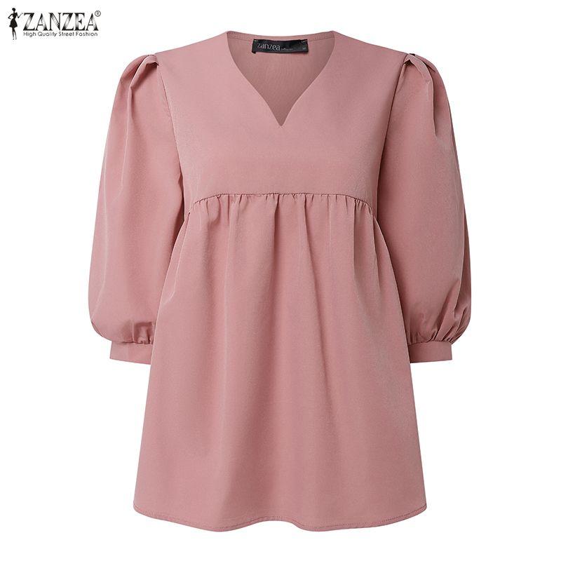 ZANZEA חולצת נשים קז'ואלית עם צווארון וי בצבע אחיד ושרוולי 3/4