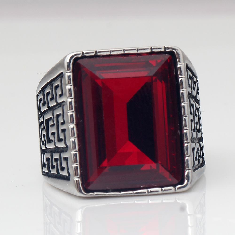 Men's Red Blue CZ Stone Gem Ring Vintage Stainless Steel Ring Men Wedding Bands Ring for Male Jewelry Anel