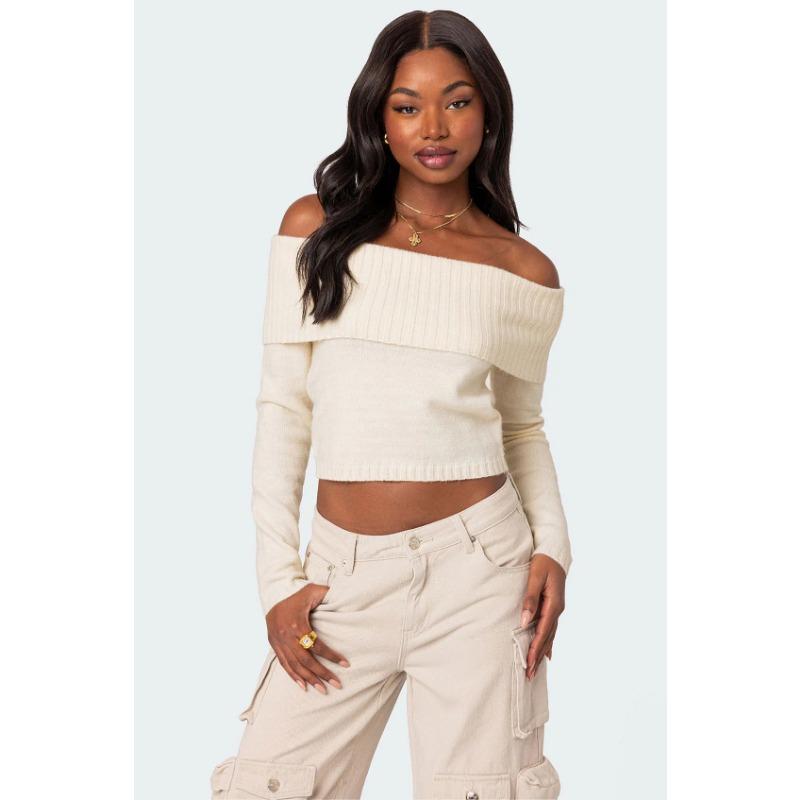 New Tops for Women Solid Color One-line Collar Off-shoulder Long-sleeved Sweater for Women