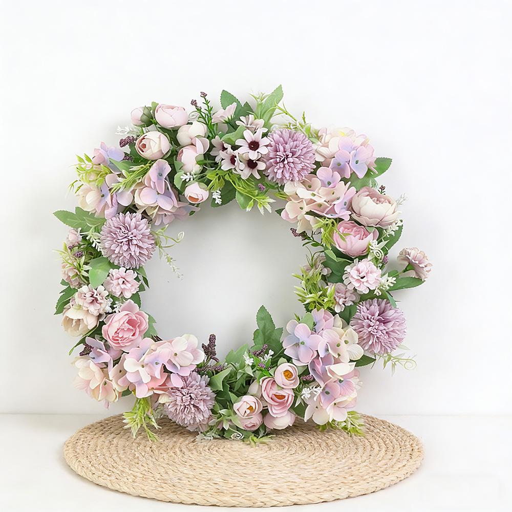 Pink-Purple Artificial Flower Wreath with Light Pink Hydrangea and Rose for Spring Door or Courtyard Decoration