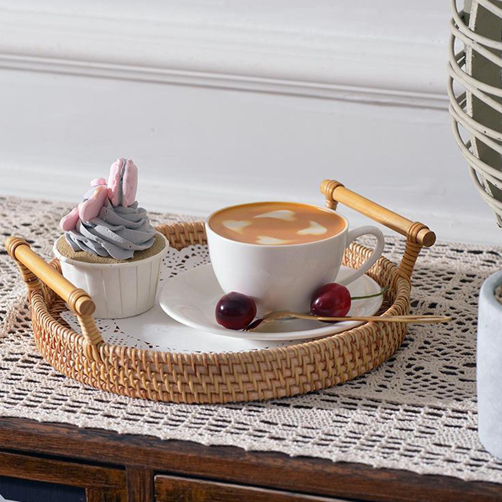 Round rattan weave serving tray with handles for breakfast, drinks, 22x3cm