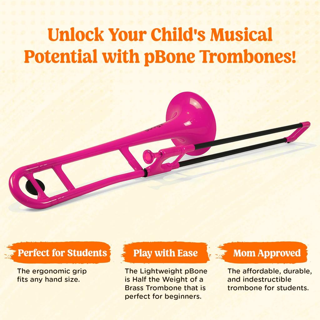 pInstruments pBONE Plastic Wind Instrument, Bb Tenor Trombone, Lightweight & Durable ABS with Bio Coating, PBONE1PNK, Pink (Includes Mouthpiece and